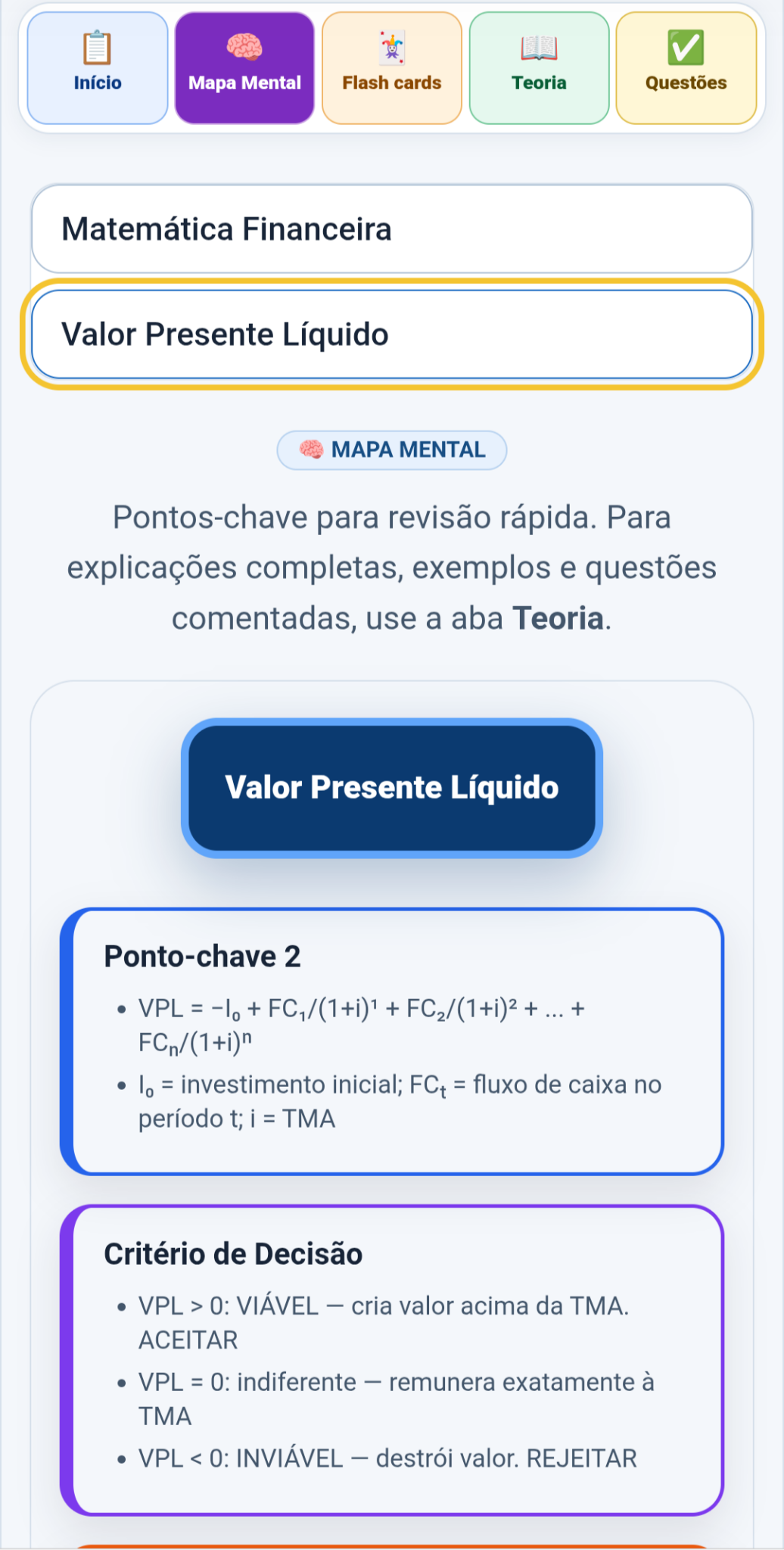 Mapa mental resumido sobre Valor Presente Líquido